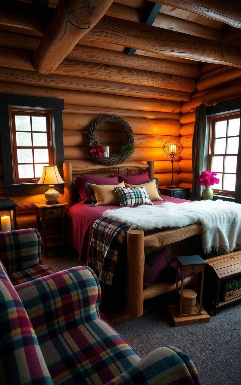 Cozy Cabin Vintage Bedroom with Log Furniture