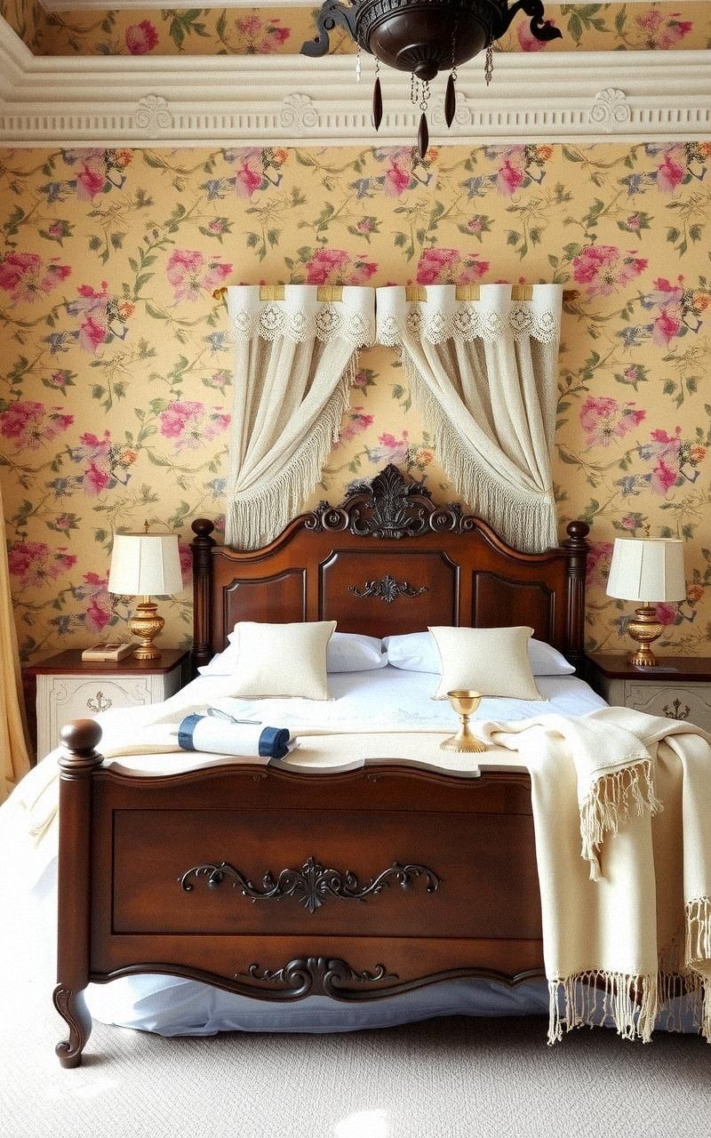 Elegant Victorian Bedroom with Floral Wallpapers