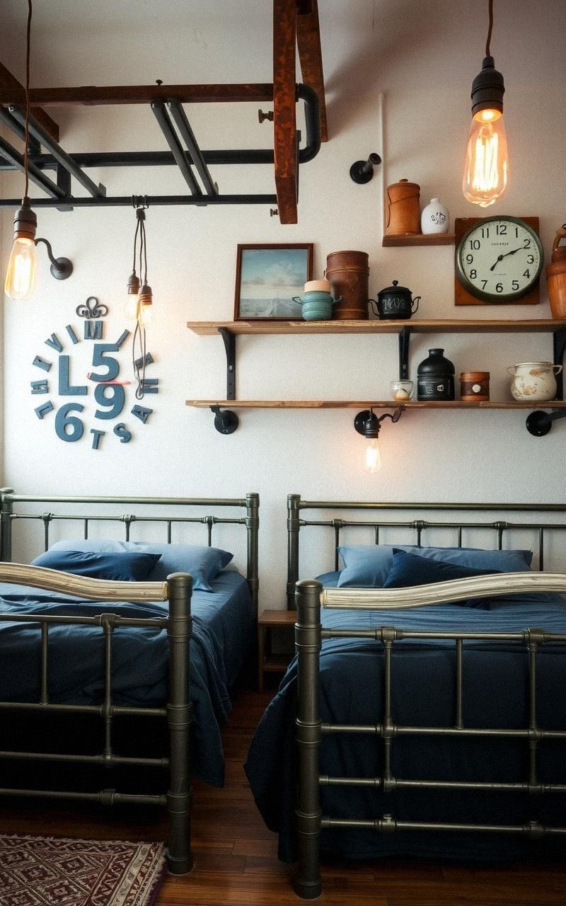 Industrial Vintage Bedroom with Raw Metal and Wood