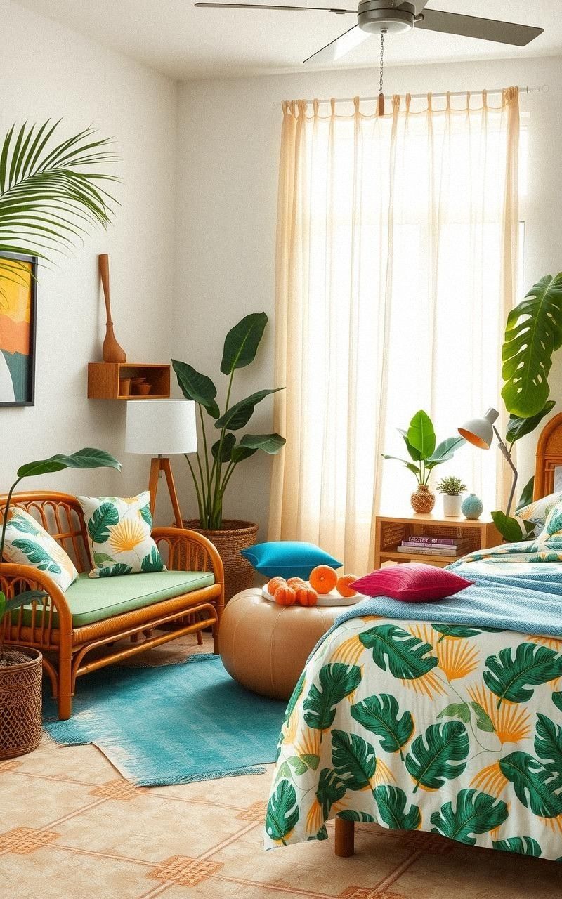 Tropical Vintage Bedroom with Rattan and Bright Colors
