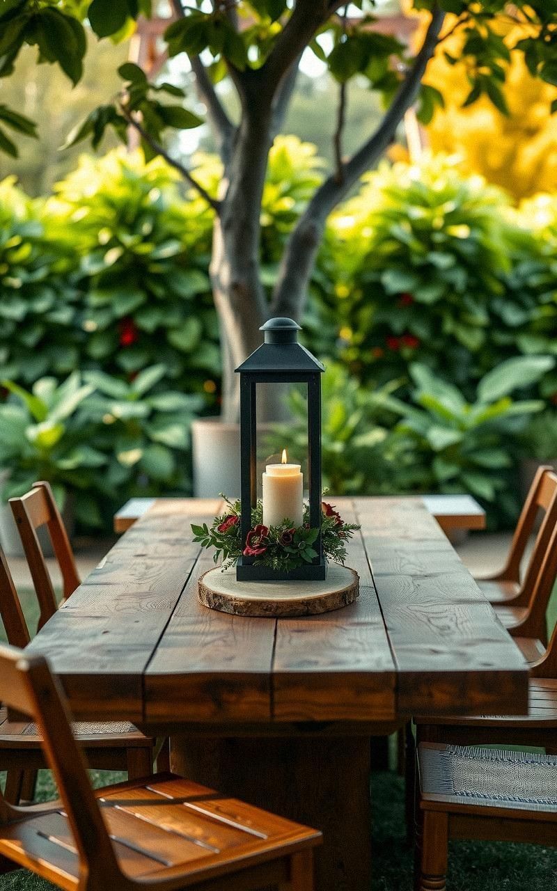 Rustic Wooden Table With Lantern Centerpiece