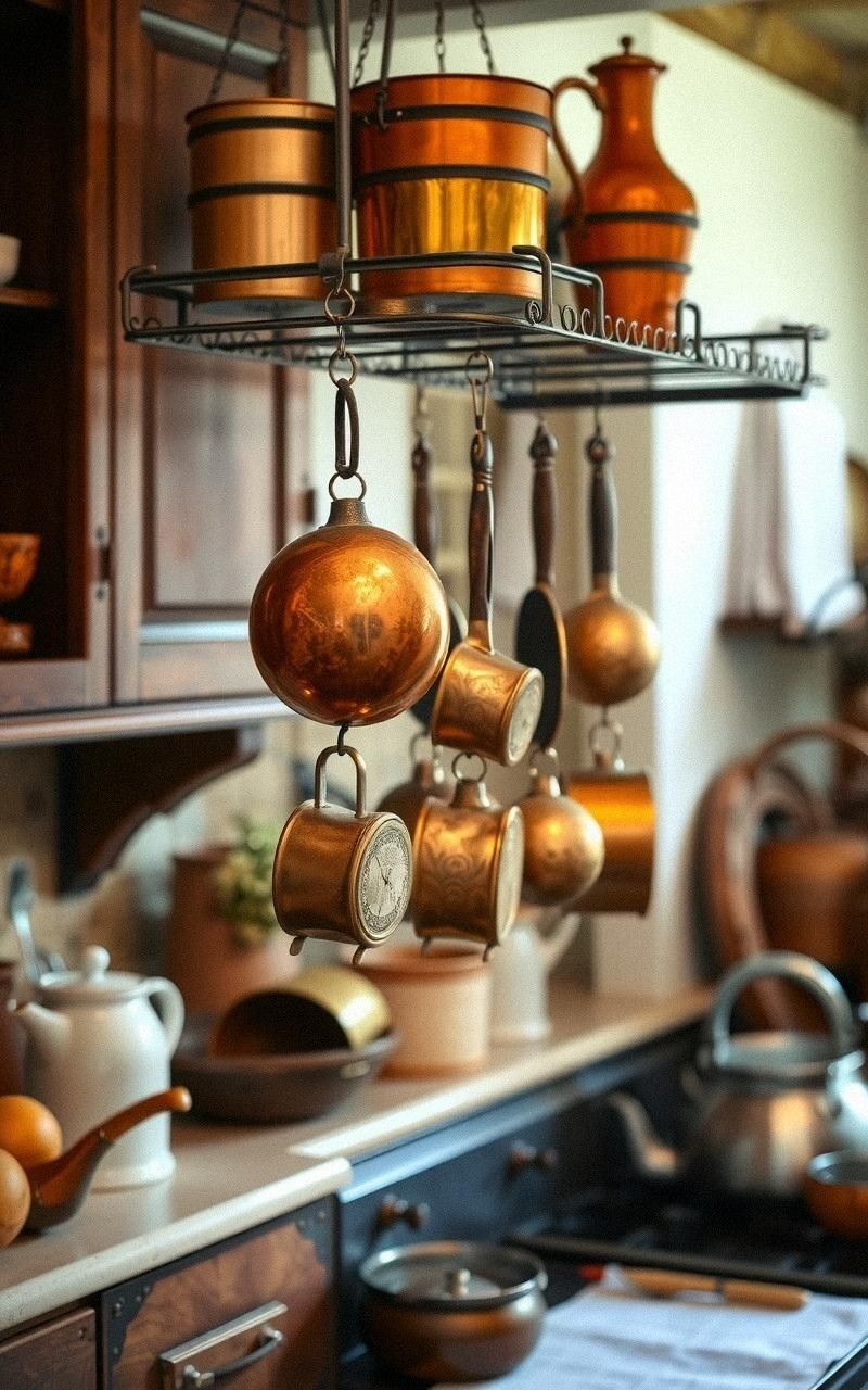 Antique Copper Pots Hanging As Decor