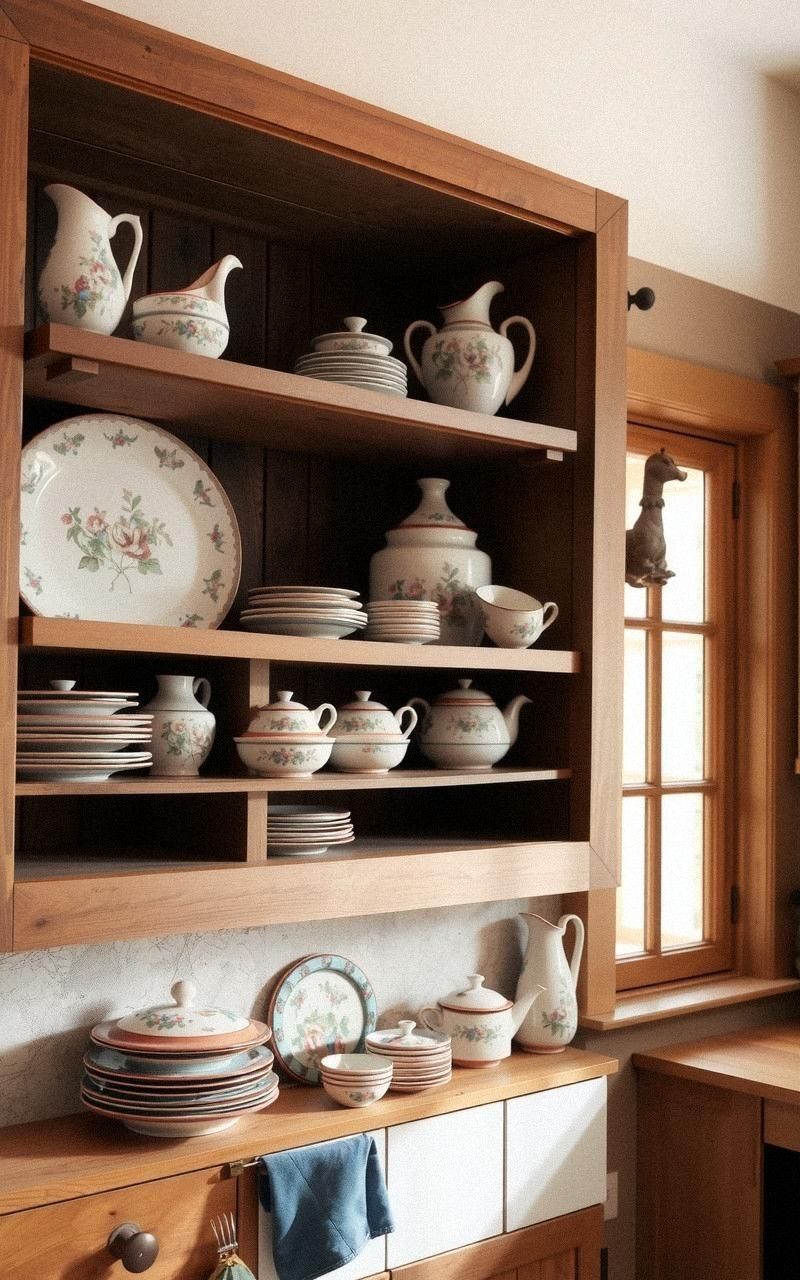 Open Shelving Displaying Vintage Pottery