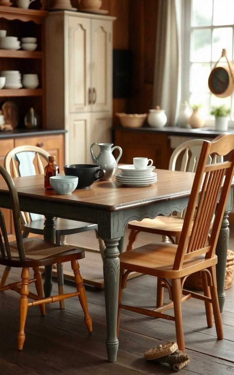 Vintage Wooden Dining Table With Mismatched Chairs