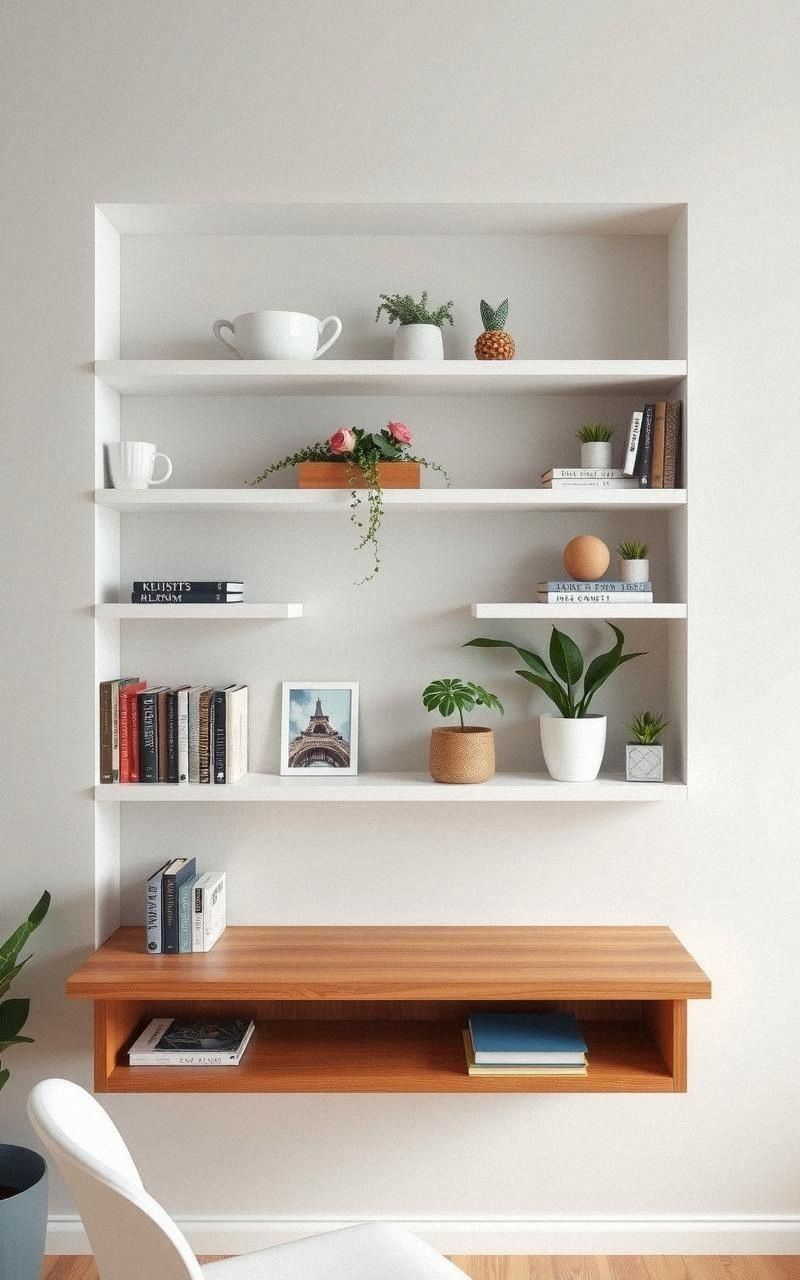 Floating Shelves With Built-In Desk Surface