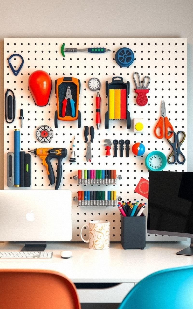 Pegboard Wall Organizer Above Desk