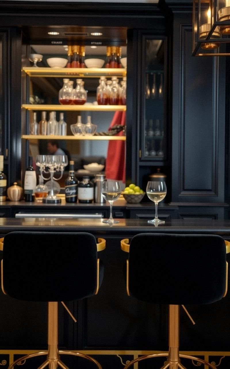 Classic Black and Gold Luxury Bar Setup