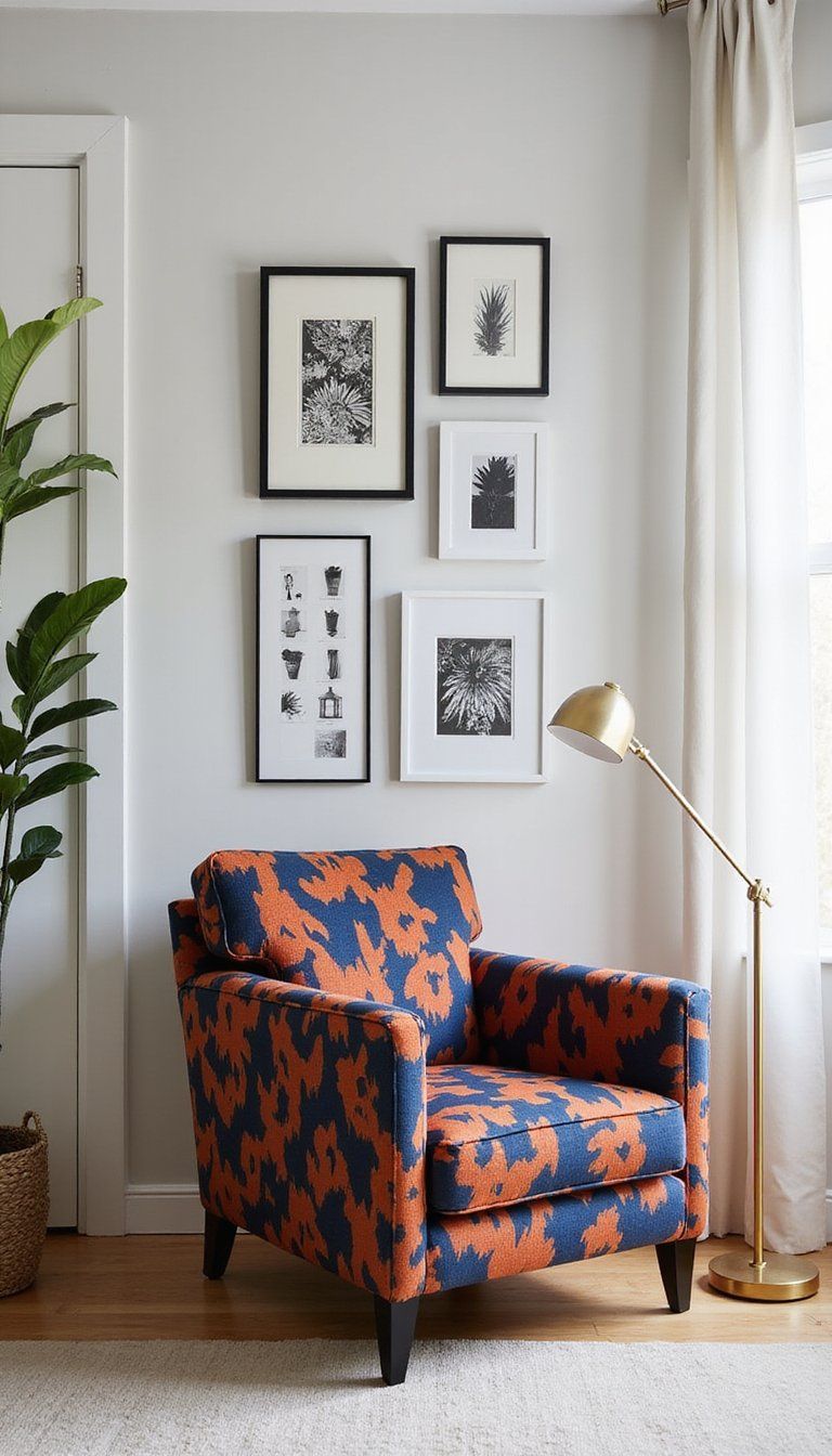 Bold Patterned Chair Against Neutral Gallery Wall