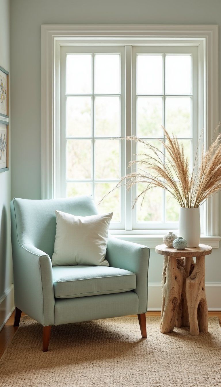 Coastal Pastel Accent Chair With Driftwood Accents