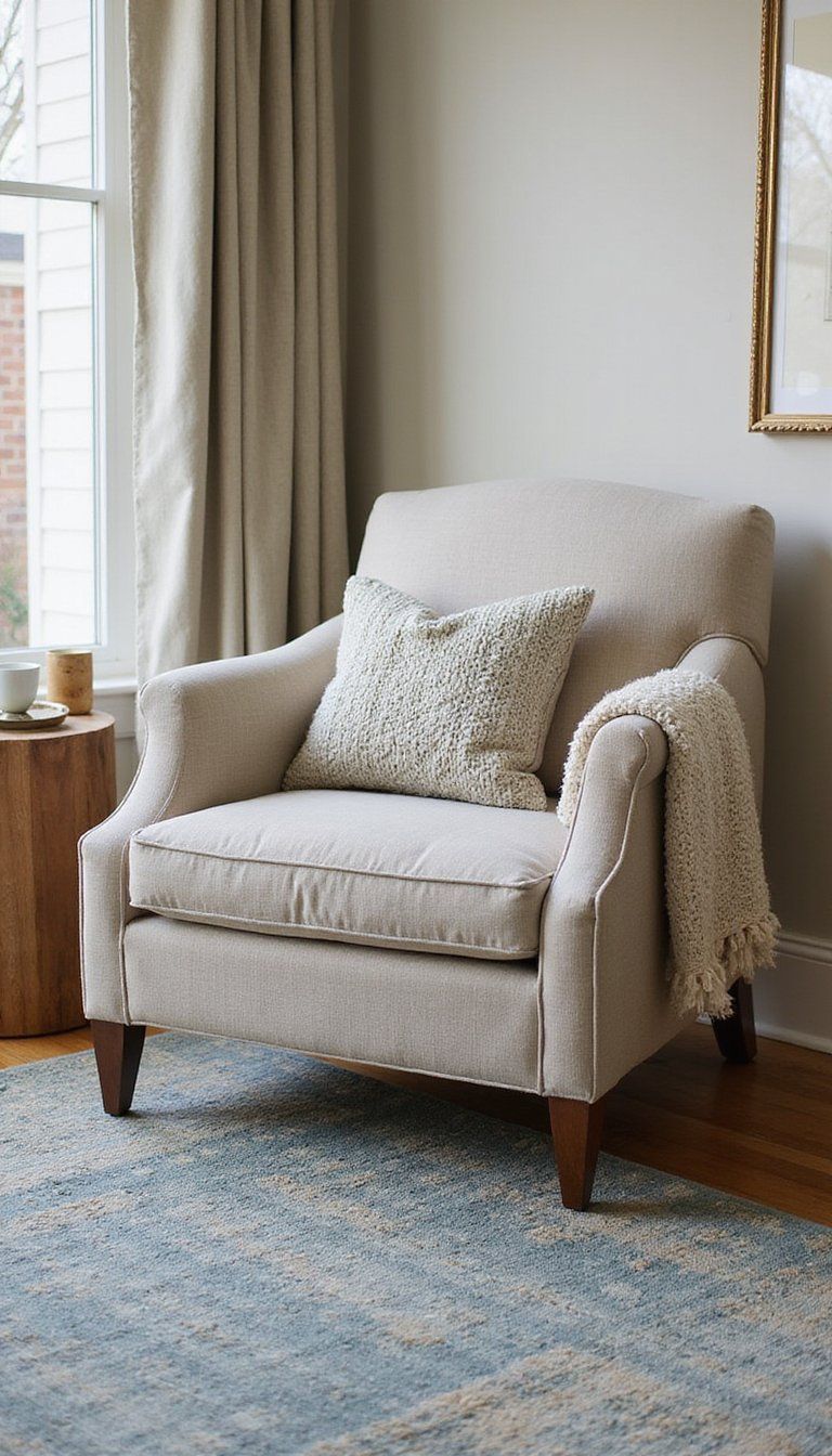 Layered Textiles Around a Neutral Accent Chair