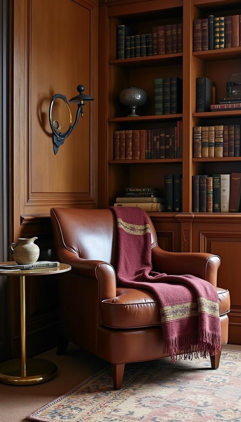 Leather Club Chair With Vintage Throw Blanket