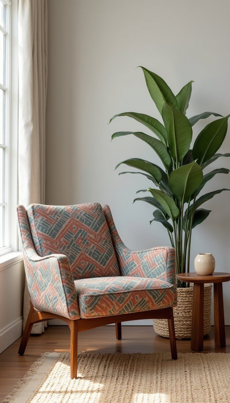 Patterned Mid-Century Accent Chair With Walnut