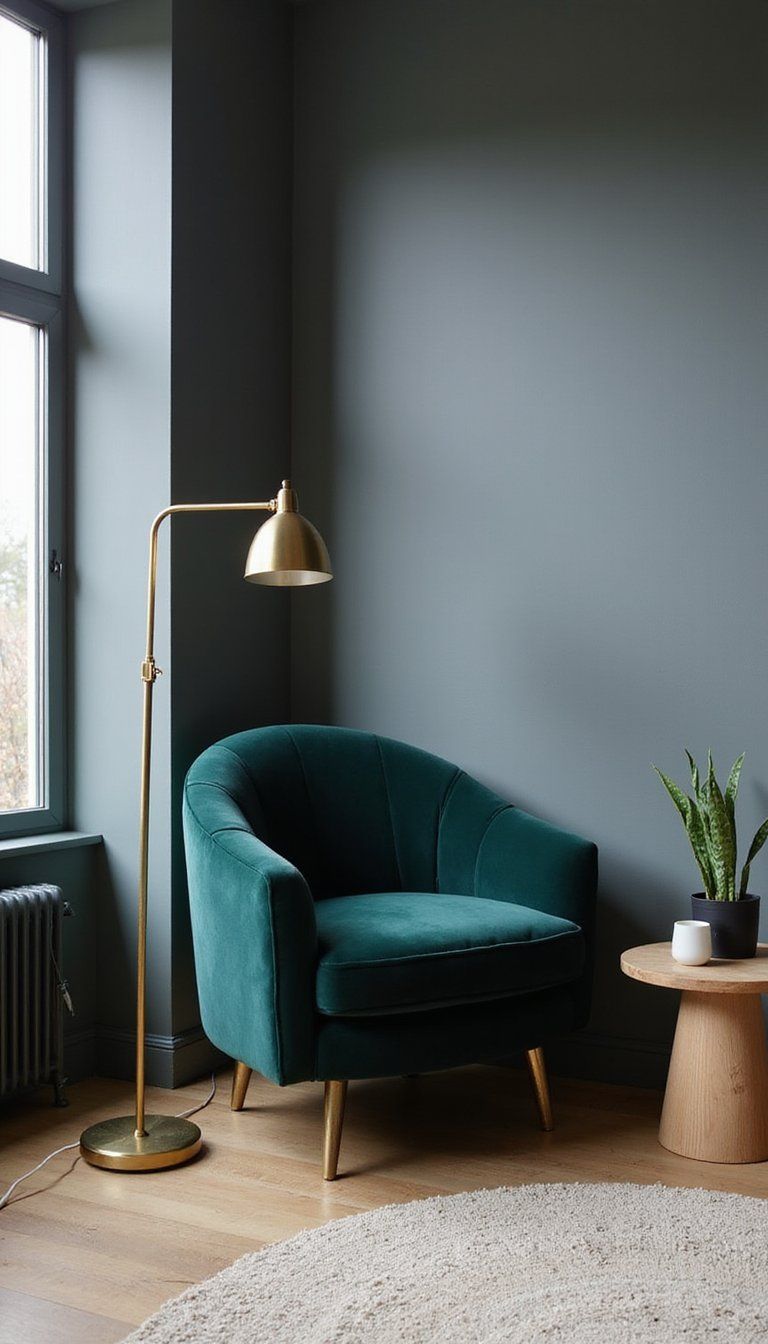 Plush Velvet Accent Chair With Brass Lamp