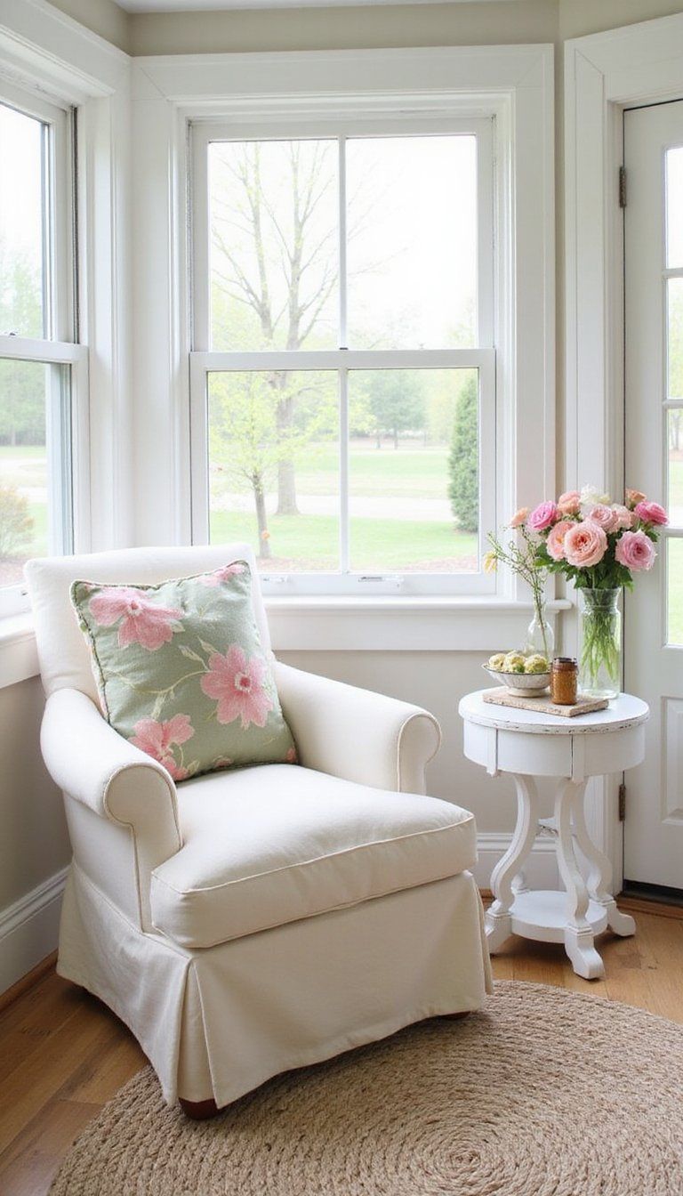 Vintage Slipcovered Chair With Fresh Florals