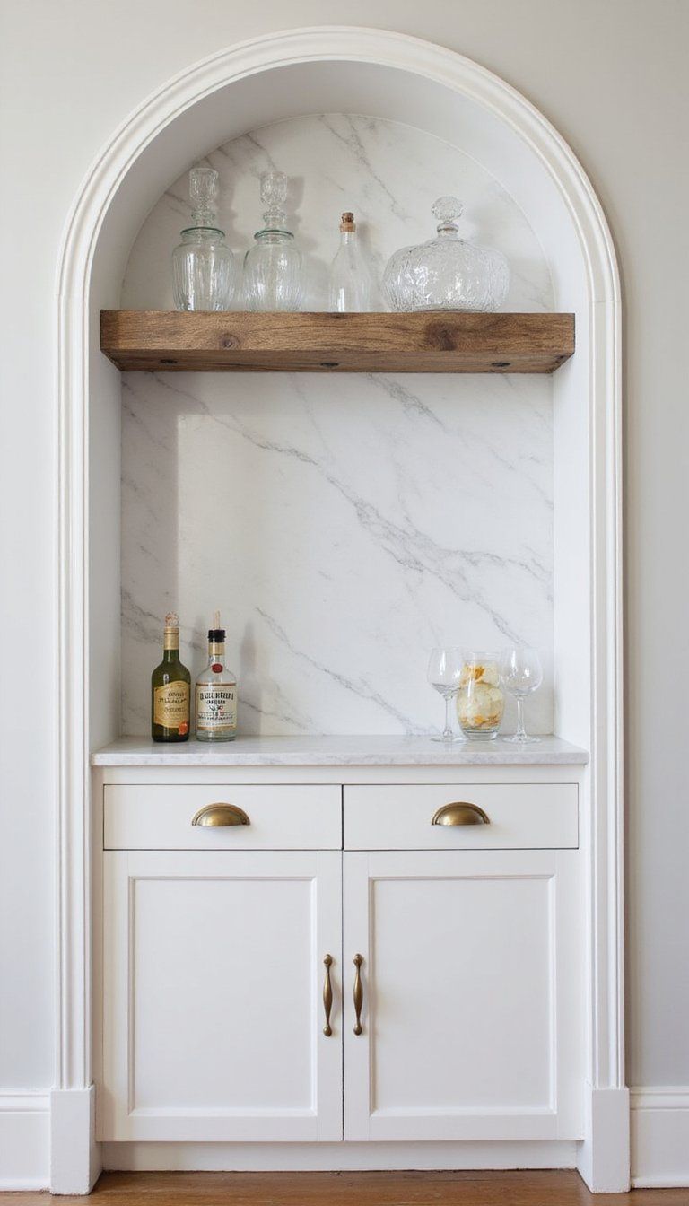 Built In Bar Niche With Marble Backdrop