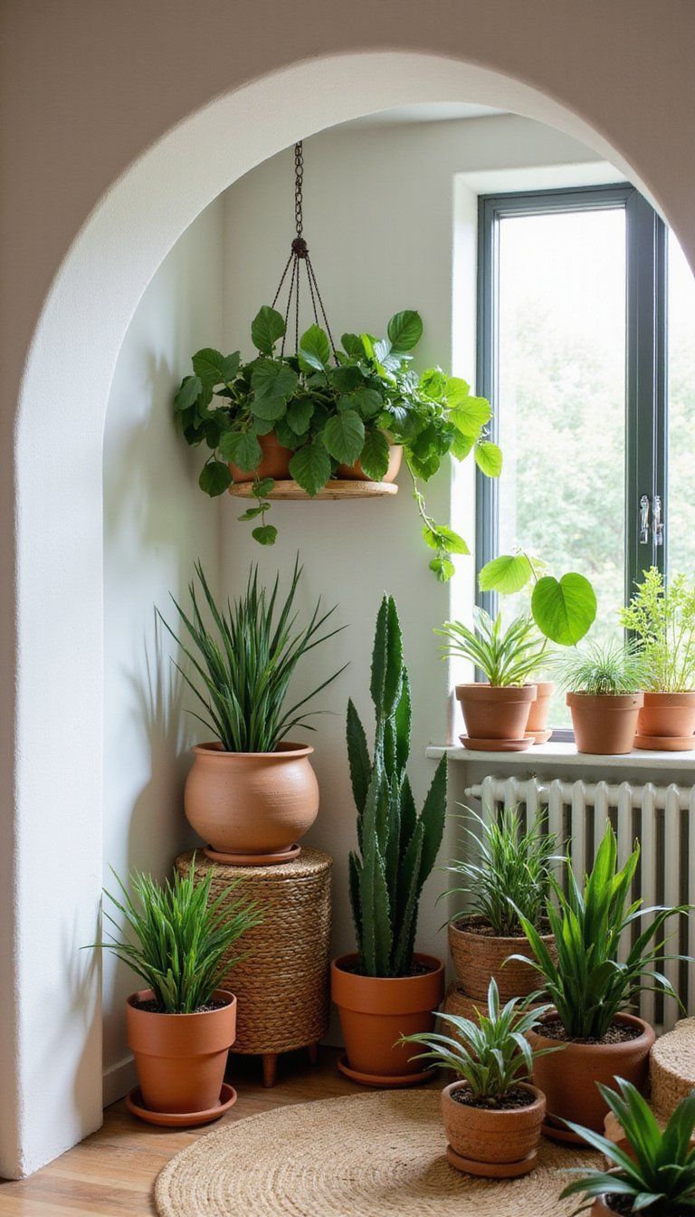 Plant Filled Arched Alcove With Rattan Accents