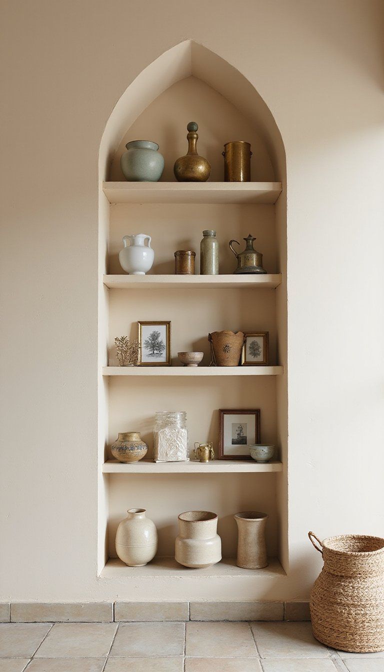 Vintage Finds Shelved In An Arched Niche
