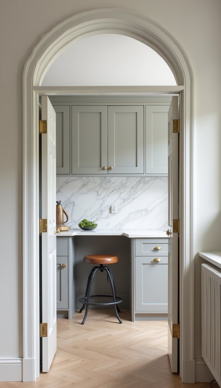 Arched Kitchen Pass-Through With Marble Counter Ledge