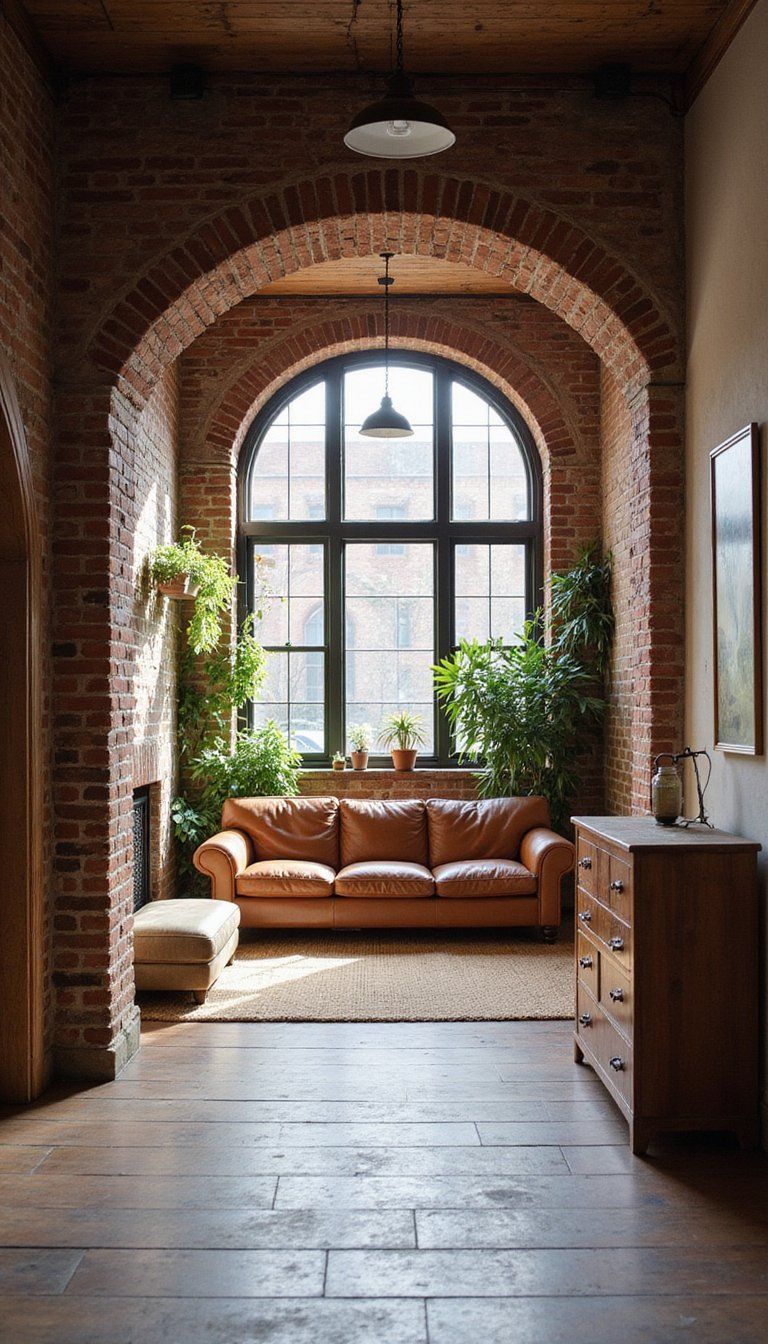 Rustic Exposed Brick Arch For Industrial Living Rooms