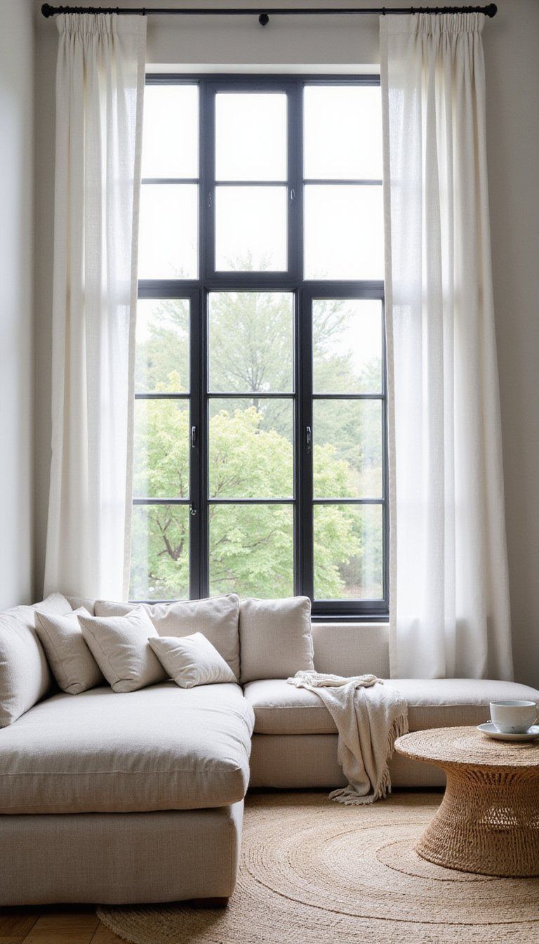 Black Frame Windows With Airy Linen Drapes