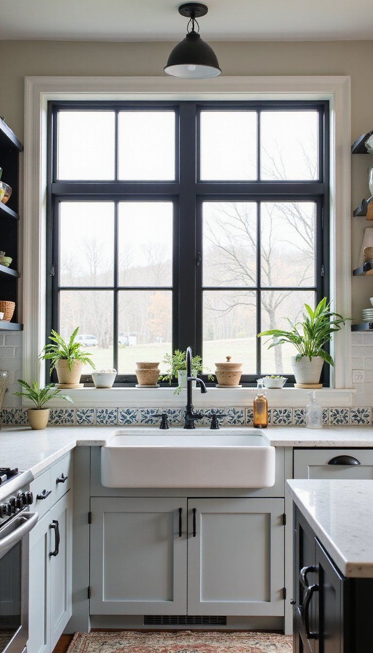 Black Framed Windows With Patterned Tile Sills