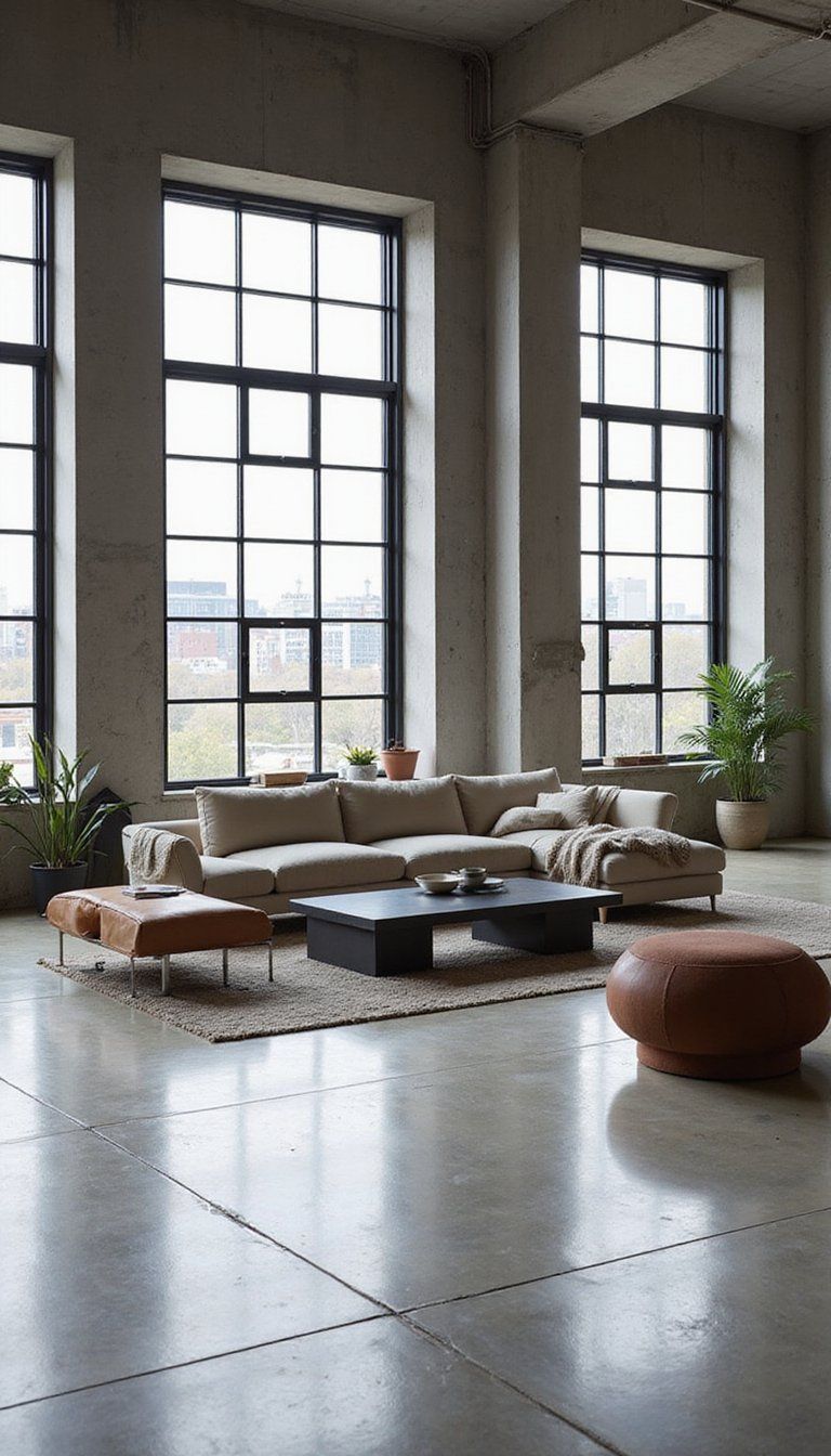 Black Frames And Concrete Accents For Minimal Loft