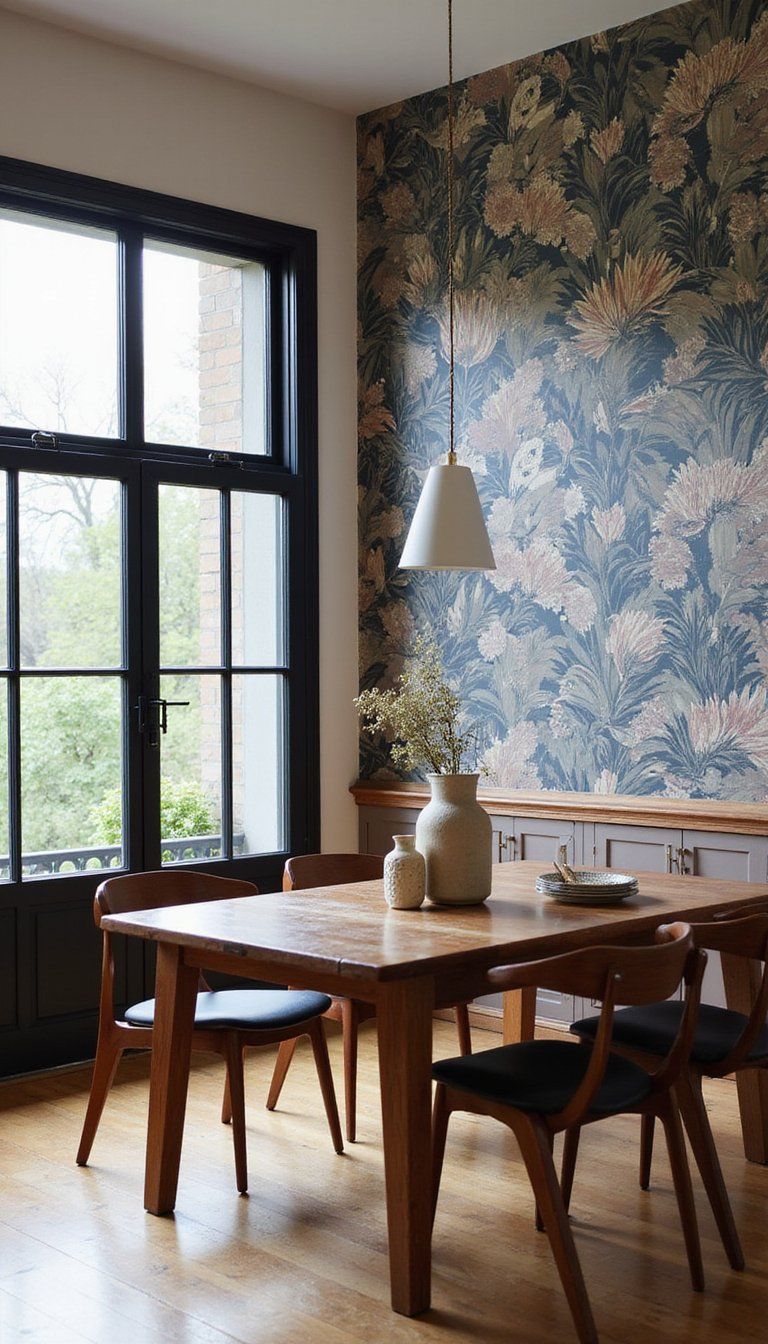 Black Frames Complementing Bold Wallpaper Statement Wall