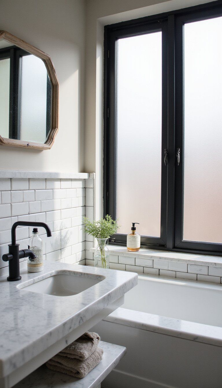 Black Frames In Small Bath With Frosted Glass