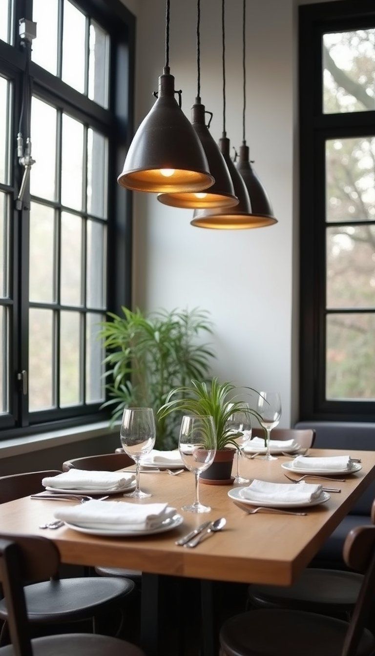 Black Frames With Industrial Pendant Lights Above Dining Table