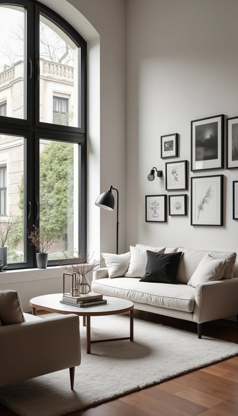 Black Frames With Layered Lighting And Wall Art