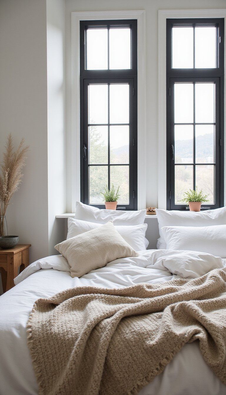 Black Window Frames In A Neutral Scandinavian Bedroom