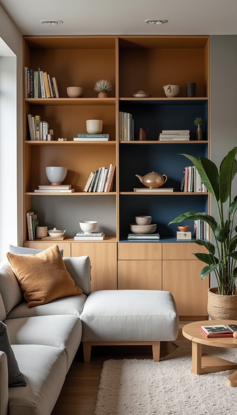 Color Blocked Built-In Shelving For Depth