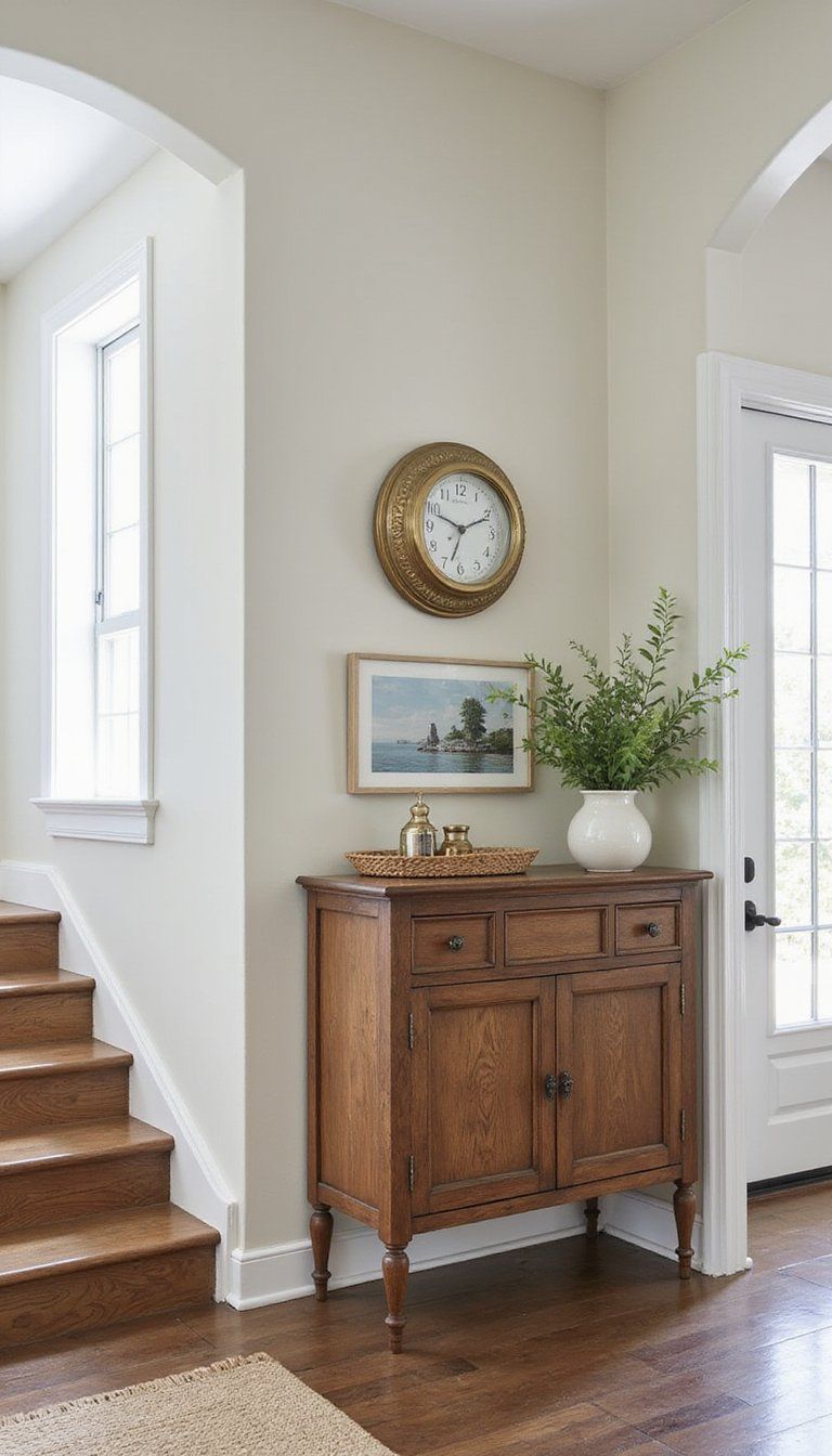 Antique Brass Clock On Rustic Sideboard
