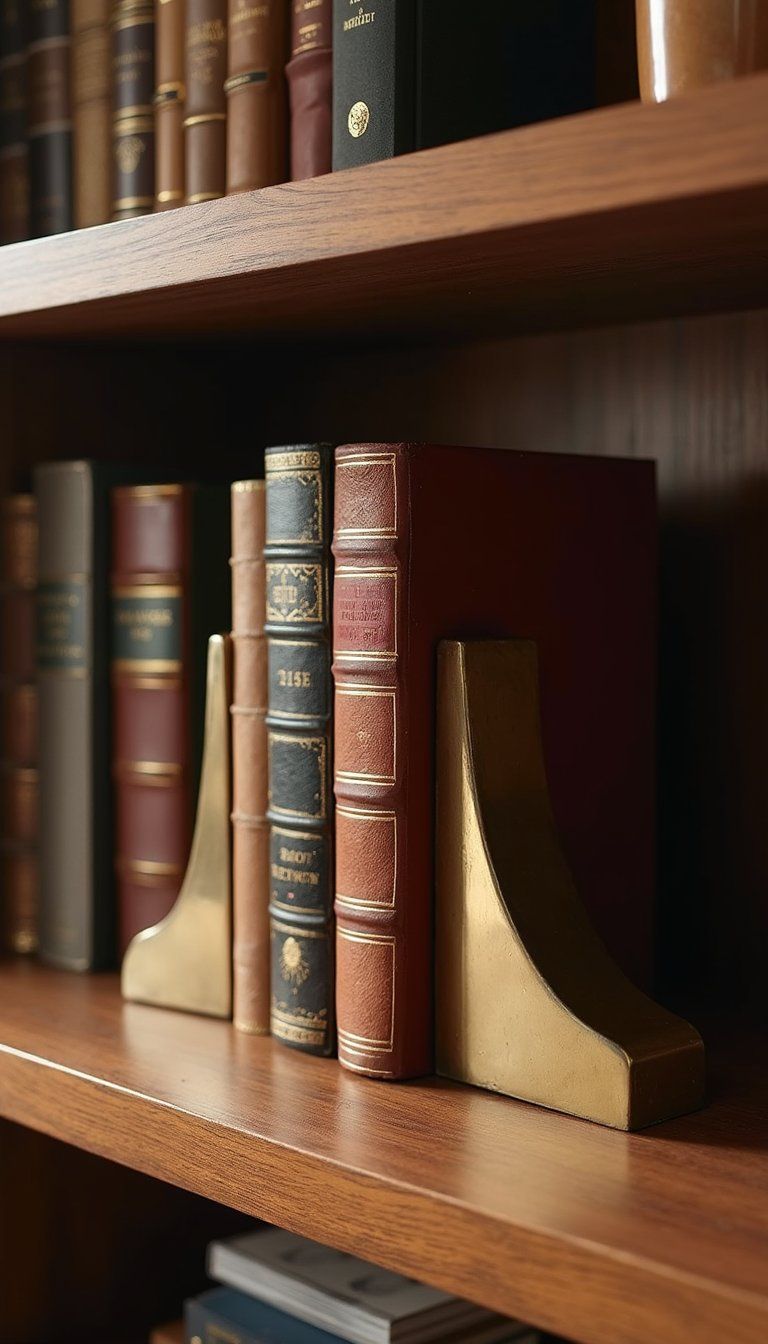 Brass Bookends Beside Leather Bound Books
