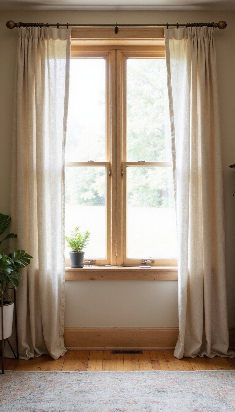 Brass Curtain Rods With Linen Drapes