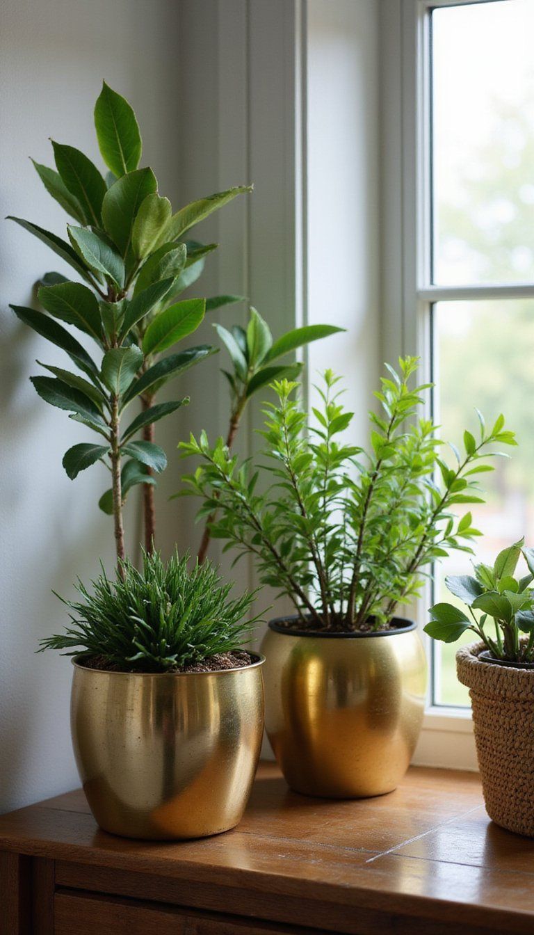 Brass Planters With Lush Green Foliage