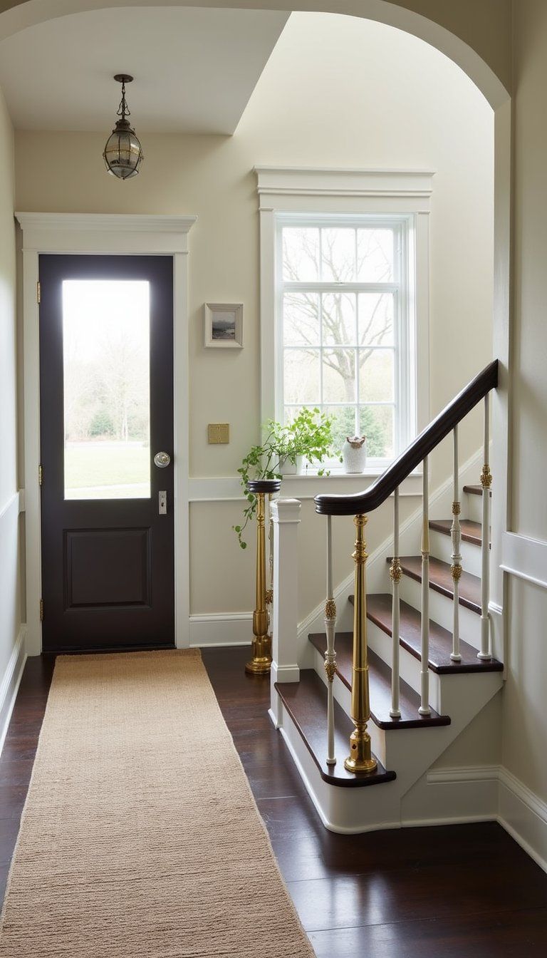Brass Stair Railing With Dark Wood Treads