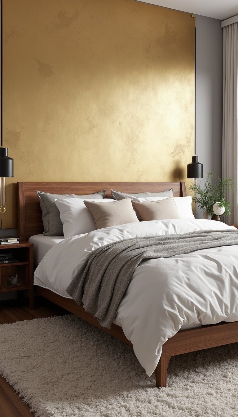 Gold Leaf Accent Wall In Cozy Bedroom