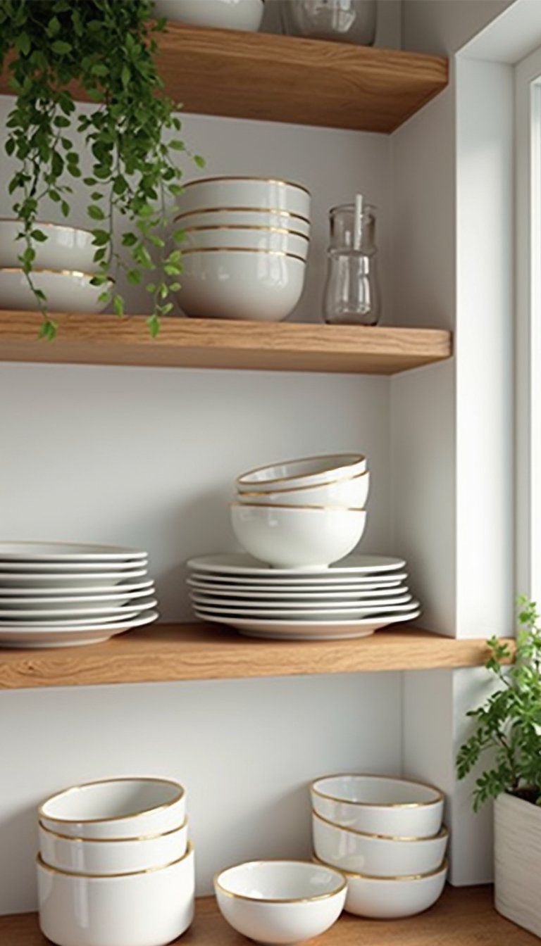 Gold Rimmed Glassware On Open Shelves