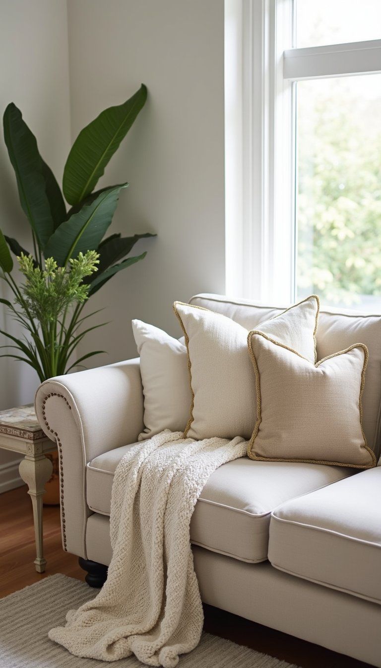 Gold Trimmed Throw Pillows On Neutral Sofa