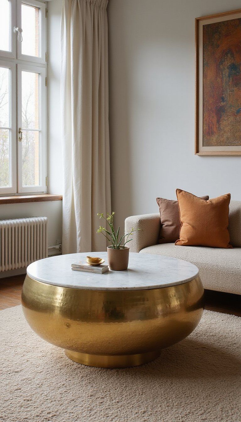 Hammered Brass Coffee Table With Marble Top