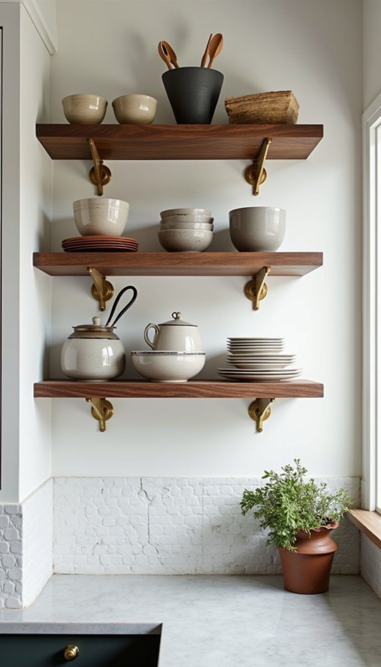 Mixed Metal Shelves With Brass Brackets