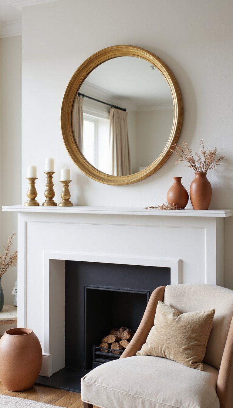 Polished Gold Mirror Above Fireplace Mantel