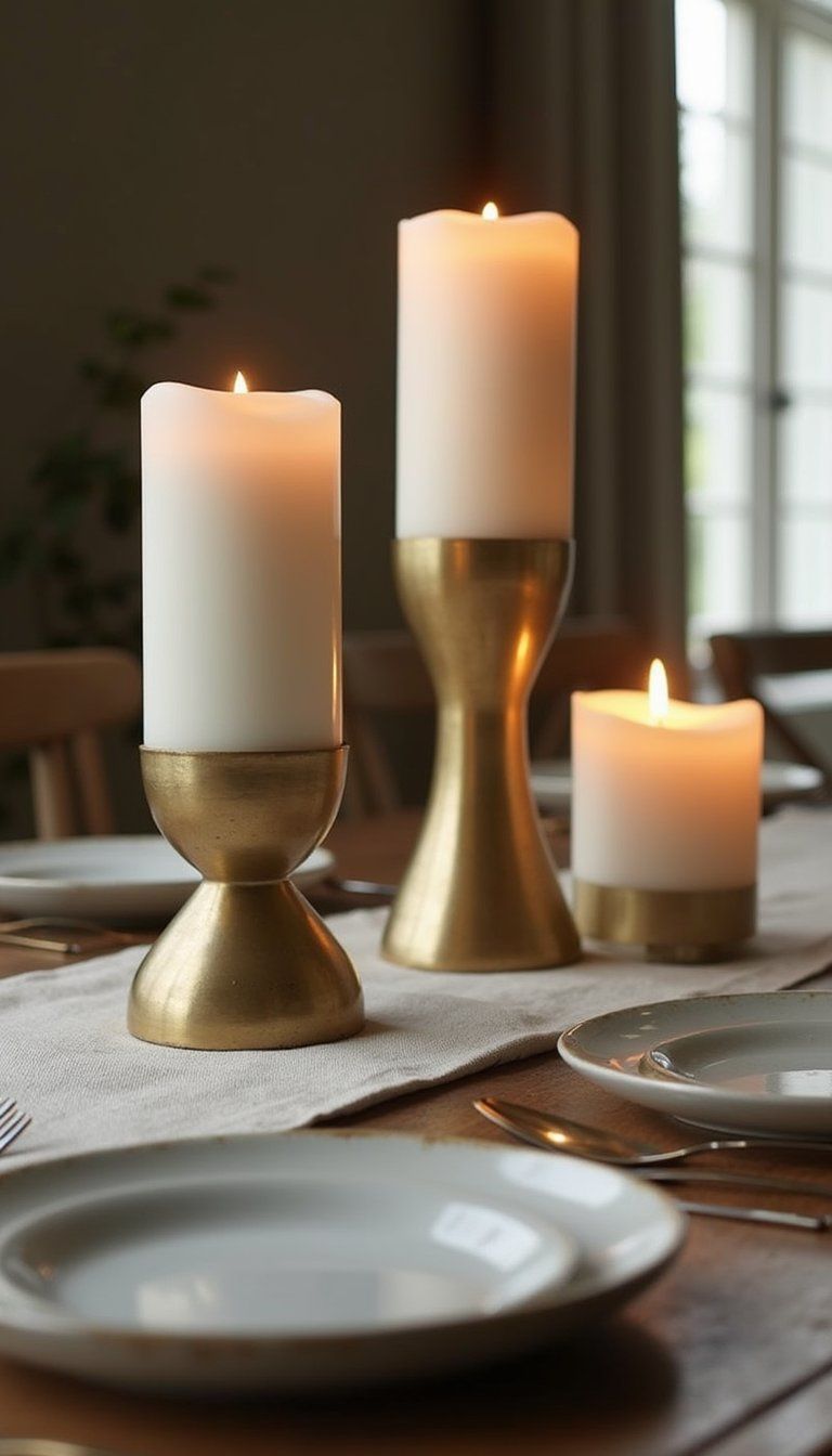 Sculptural Brass Candle Holders On Dining Table