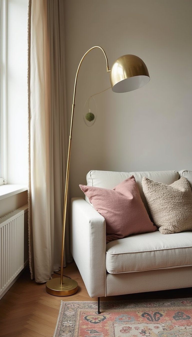 Slim Brass Floor Lamp Next To Sofa