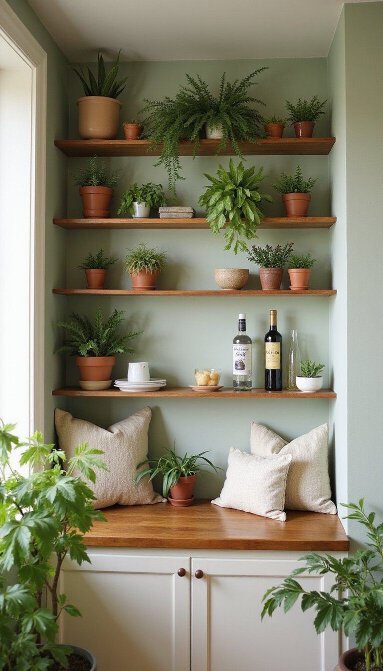 Botanical Greenery-Infused Built-In Bar Nook With Potted Herbs