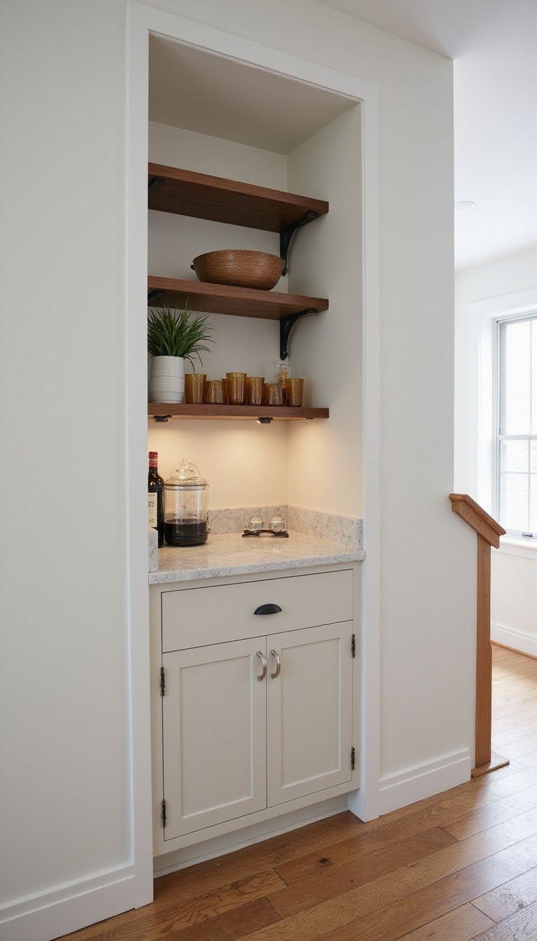 Compact Under-Stair Built-In Bar Nook With Open Shelving