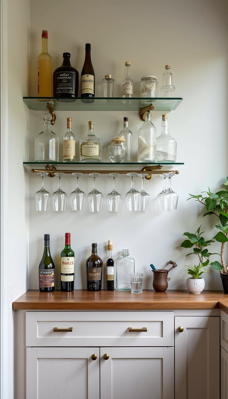 Floating Glass Shelves And Stemware Rack Display