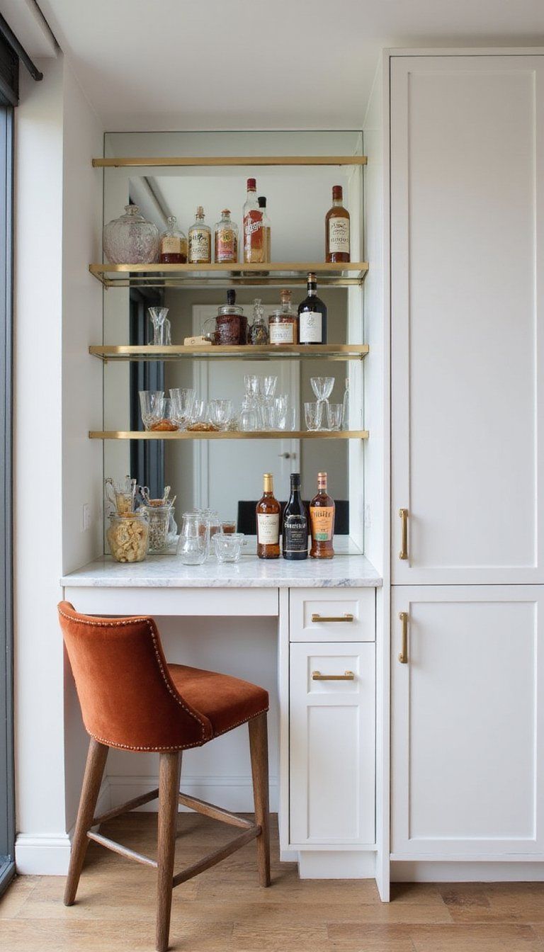 Mirrored Glam Built-In Home Bar Nook With Brass
