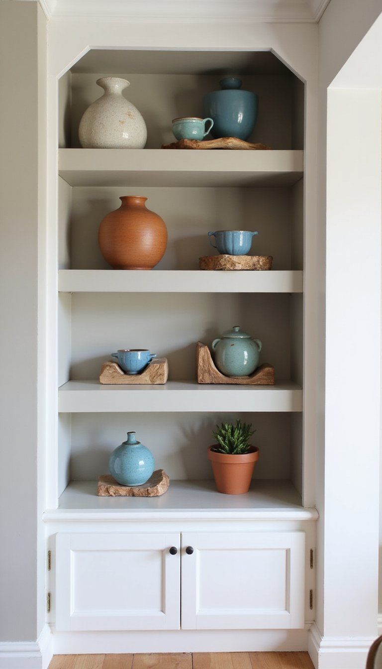 Curated Ceramic Collection On Neutral Shelves
